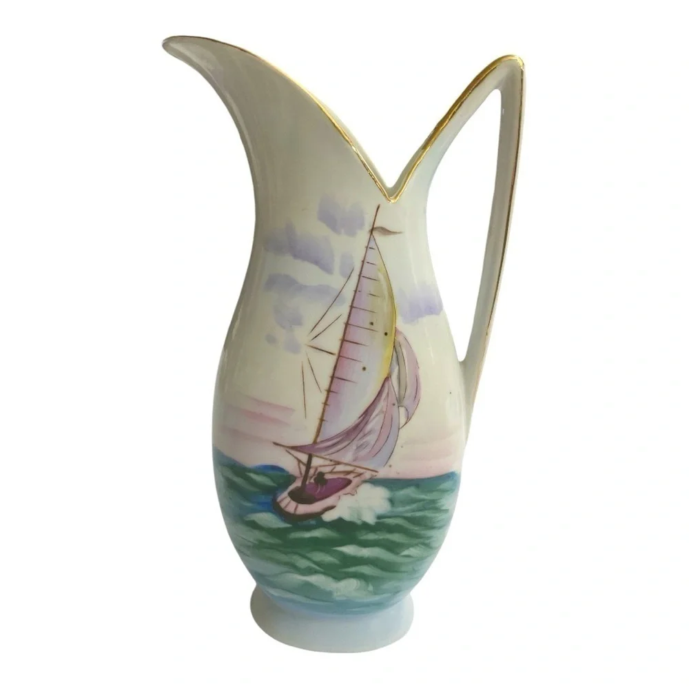 Vintage UCAGCO Japan Hand Painted Sailboat Ceramic Water Pitcher Vase 1950s